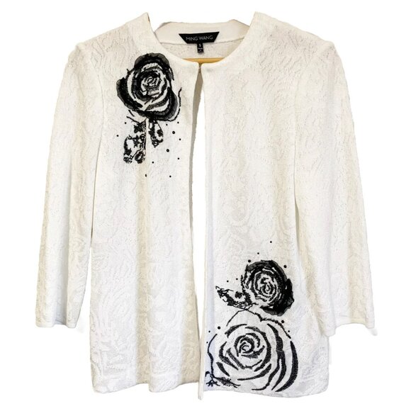Ming Wang Women’s White Small Lace Cardigan Black Floral Beads Lightweight - Picture 1 of 10